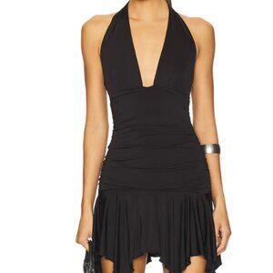 Black Halter V-Neck Ruched Mini Dress